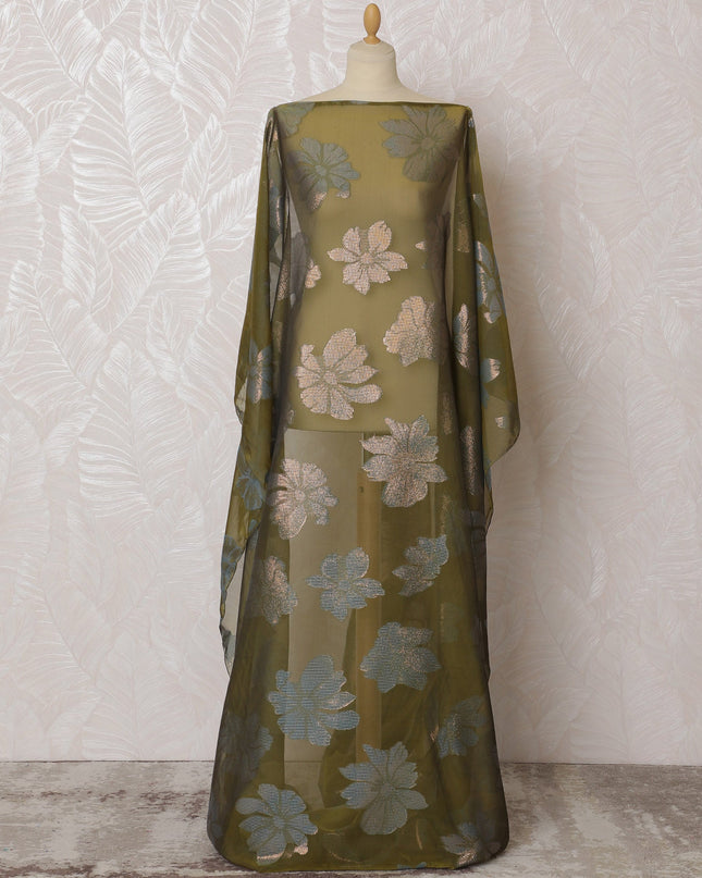 Elegant Olive Green and Silver Floral Pattern Pure French Silk (Fransawi Dirac) Chiffon Fabric – 140 cm Wide X 3.5 Mtrs-D19824 Regal Fabrics
