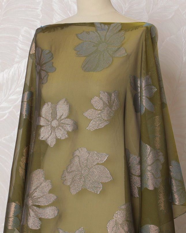 Elegant Olive Green and Silver Floral Pattern Pure French Silk (Fransawi Dirac) Chiffon Fabric – 140 cm Wide X 3.5 Mtrs-D19824 Regal Fabrics