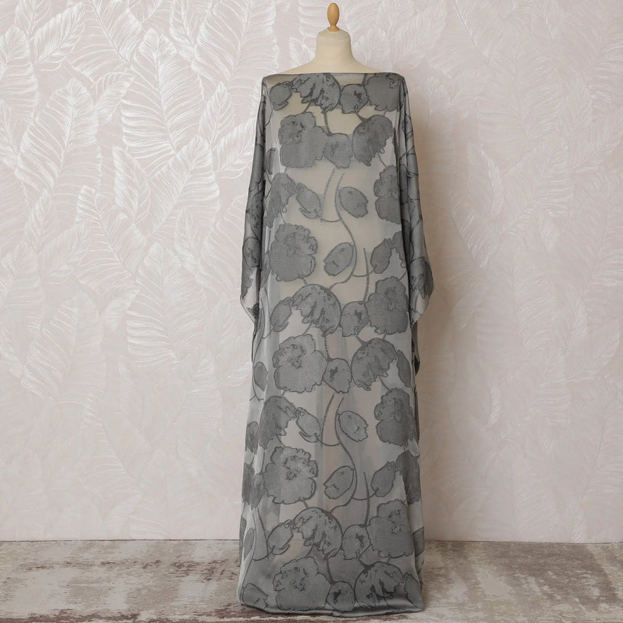 Elegant Grey Floral Pattern Pure French Silk (Fransawi Dirac) Chiffon Fabric – 140 cm Wide X 3.5 Mtrs-D19825 Regal Fabrics
