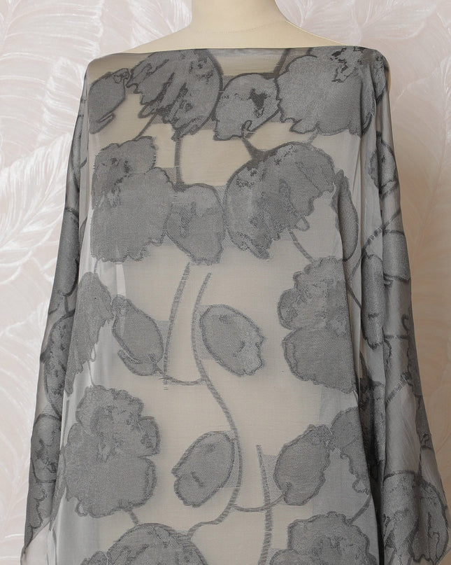 Elegant Grey Floral Pattern Pure French Silk (Fransawi Dirac) Chiffon Fabric – 140 cm Wide X 3.5 Mtrs-D19825
