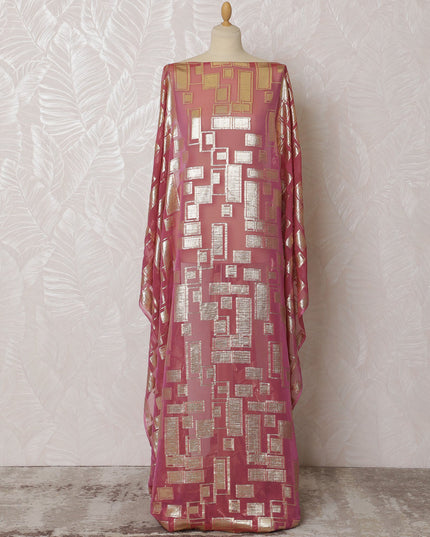 Elegant Pink and Gold Geometric Pattern Pure French Silk (Fransawi Dirac) Chiffon Fabric – 140 cm Wide X 3.5 Mtrs-D19826