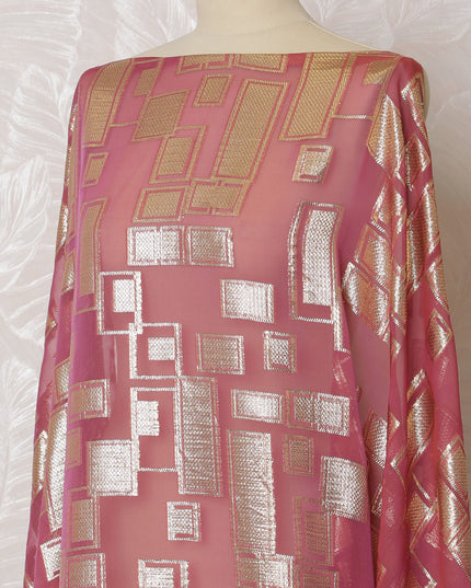 Elegant Pink and Gold Geometric Pattern Pure French Silk (Fransawi Dirac) Chiffon Fabric – 140 cm Wide X 3.5 Mtrs-D19826