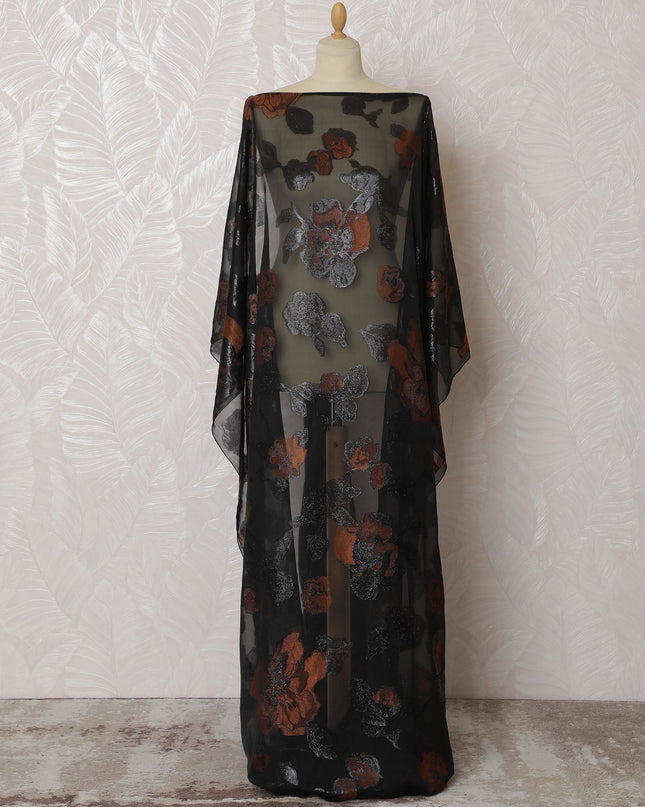 Elegant Black and Copper Floral Pattern Pure French Silk (Fransawi Dirac) Chiffon Fabric – 140 cm Wide X 3.5 Mtrs-D19827 Regal Fabrics