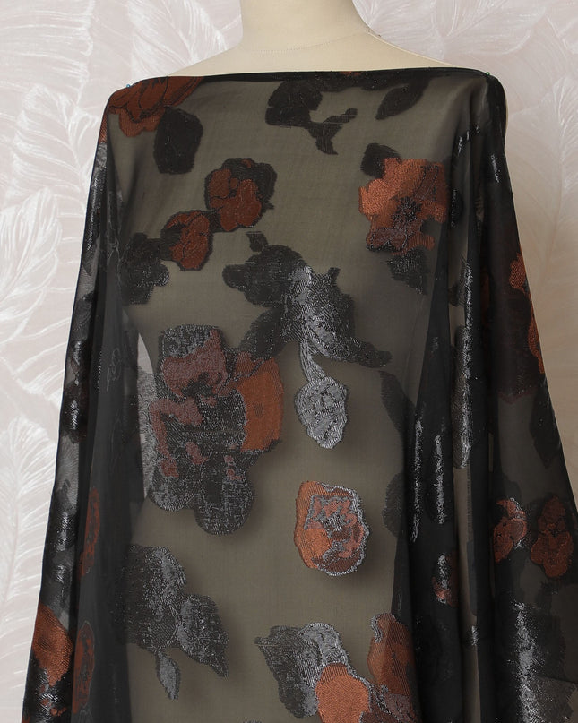Elegant Black and Copper Floral Pattern Pure French Silk (Fransawi Dirac) Chiffon Fabric – 140 cm Wide X 3.5 Mtrs-D19827 Regal Fabrics