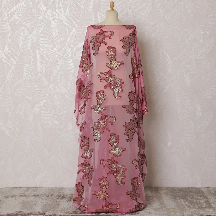Elegant Pink and Burgundy Paisley Pattern Pure French Silk (Fransawi Dirac) Chiffon Fabric – 140 cm Wide X 3.3 Mtrs-D19828 Regal Fabrics
