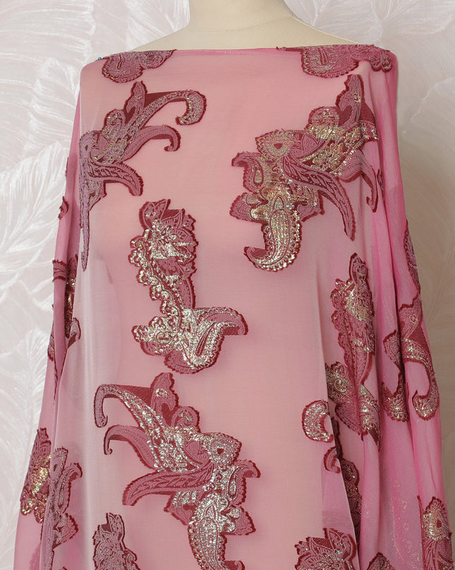 Elegant Pink and Burgundy Paisley Pattern Pure French Silk (Fransawi Dirac) Chiffon Fabric – 140 cm Wide X 3.5 Mtrs-D19828