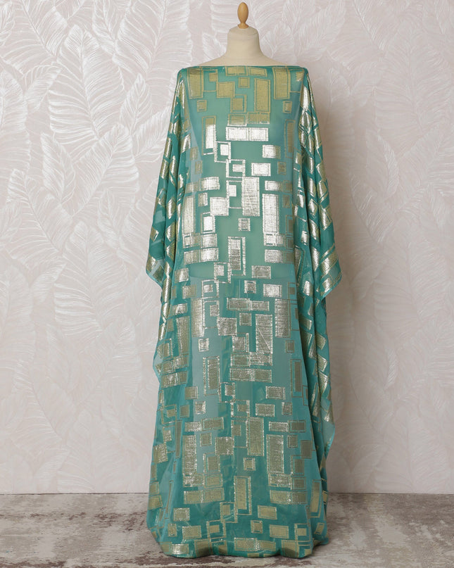 Elegant Turquoise and Silver Geometric Pattern Pure French Silk (Fransawi Dirac) Chiffon Fabric – 140 cm Wide X 3.5 Mtrs-D19829 Regal Fabrics