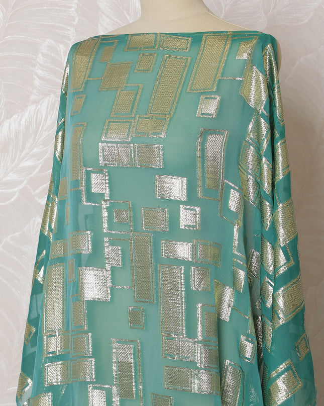 Elegant Turquoise and Silver Geometric Pattern Pure French Silk (Fransawi Dirac) Chiffon Fabric – 140 cm Wide X 3.5 Mtrs-D19829 Regal Fabrics