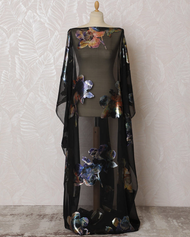 Elegant Black and Multicolor Floral Pattern Pure French Silk (Fransawi Dirac) Chiffon Fabric – 140 cm Wide X 3.5 Mtrs-D19831 Regal Fabrics