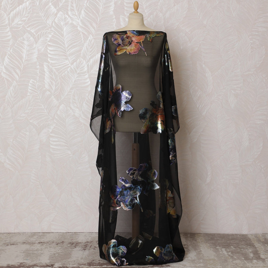 Elegant Black and Multicolor Floral Pattern Pure French Silk (Fransawi Dirac) Chiffon Fabric – 140 cm Wide X 3.5 Mtrs-D19831