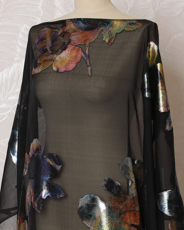 Elegant Black and Multicolor Floral Pattern Pure French Silk (Fransawi Dirac) Chiffon Fabric – 140 cm Wide X 3.5 Mtrs-D19831 Regal Fabrics