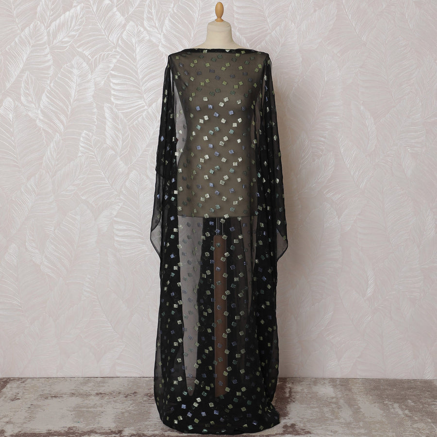 Elegant Black and Metallic Multicolor Square Pattern Pure French Silk (Fransawi Dirac) Chiffon Fabric – 140 cm Wide X 3.5 Mtrs-D19840