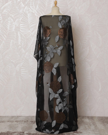 Elegant Black and Copper Floral Pattern Pure French Silk (Fransawi Dirac) Chiffon Fabric – 140 cm Wide X 3.5 Mtrs-D19843