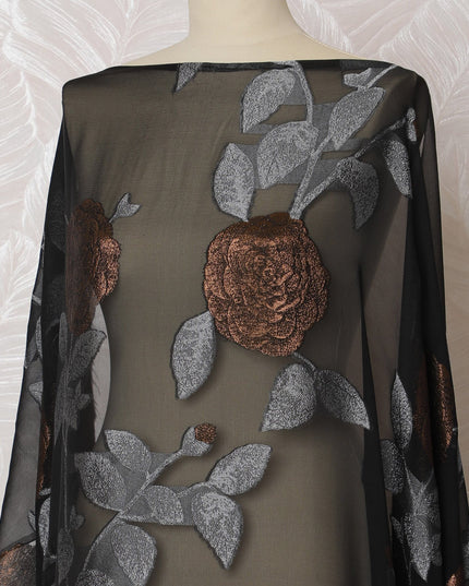 Elegant Black and Copper Floral Pattern Pure French Silk (Fransawi Dirac) Chiffon Fabric – 140 cm Wide X 3.5 Mtrs-D19843