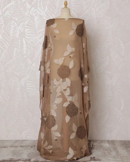 Elegant Beige and Copper Floral Pattern Pure French Silk (Fransawi Dirac) Chiffon Fabric – 140 cm Wide X 3.5 Mtrs-D19844