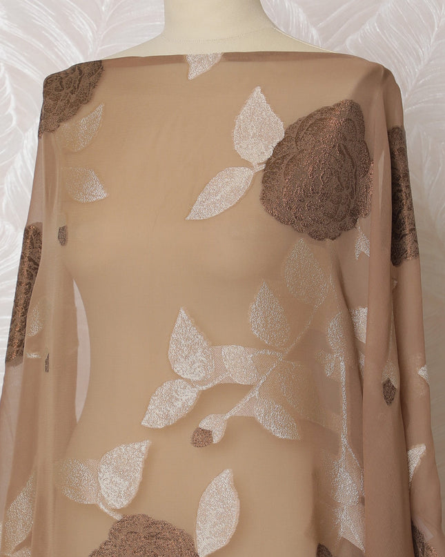 Elegant Beige and Copper Floral Pattern Pure French Silk (Fransawi Dirac) Chiffon Fabric – 140 cm Wide X 3.5 Mtrs-D19844