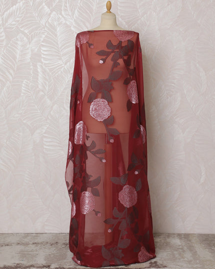 Elegant Red and Burgundy Floral Pattern Pure French Silk (Fransawi Dirac) Chiffon Fabric – 140 cm Wide X 3.5 Mtrs-D19845