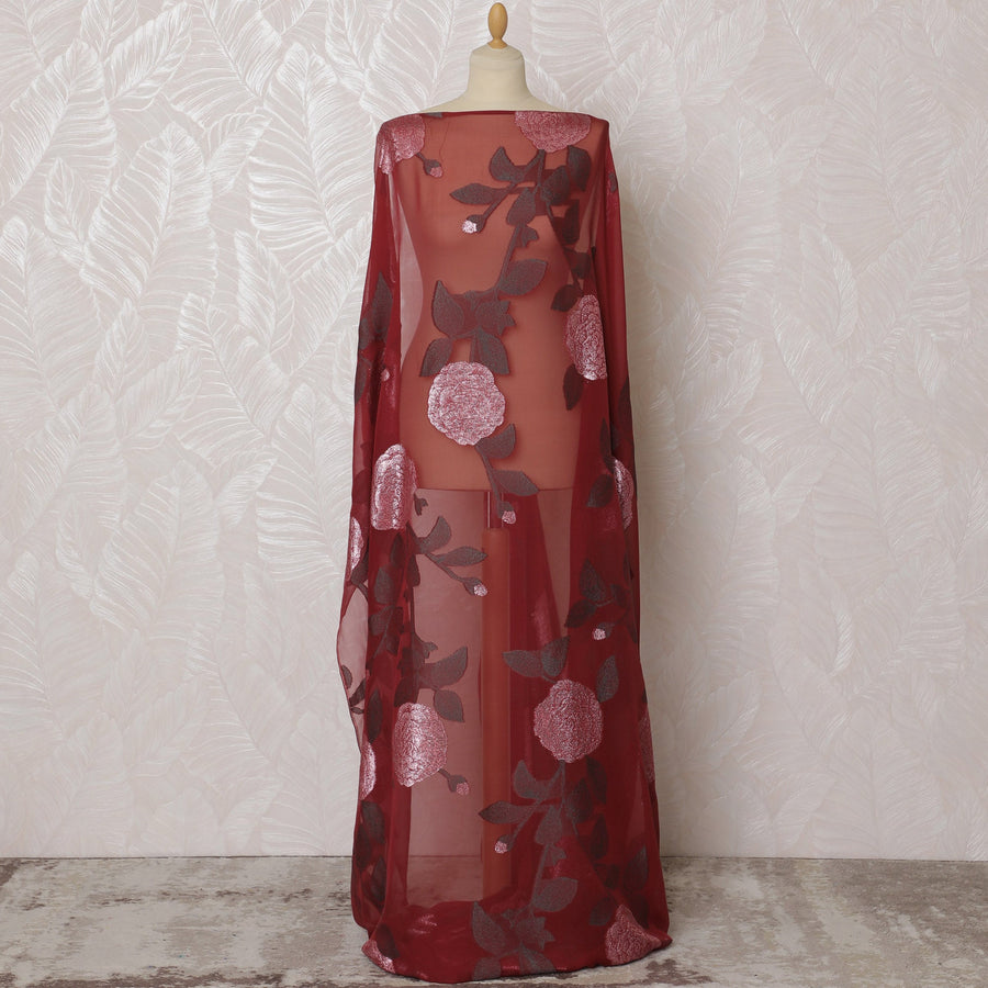 Elegant Red and Burgundy Floral Pattern Pure French Silk (Fransawi Dirac) Chiffon Fabric – 140 cm Wide X 3.5 Mtrs-D19845
