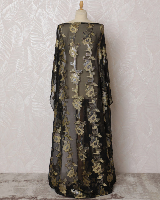 Elegant Black and Gold Floral Pattern Pure French Silk (Fransawi Dirac) Chiffon Fabric – 140 cm Wide X 3.5 Mtrs-D19846 Regal Fabrics