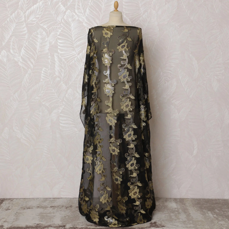Elegant Black and Gold Floral Pattern Pure French Silk (Fransawi Dirac) Chiffon Fabric – 140 cm Wide X 3.5 Mtrs-D19846 Regal Fabrics