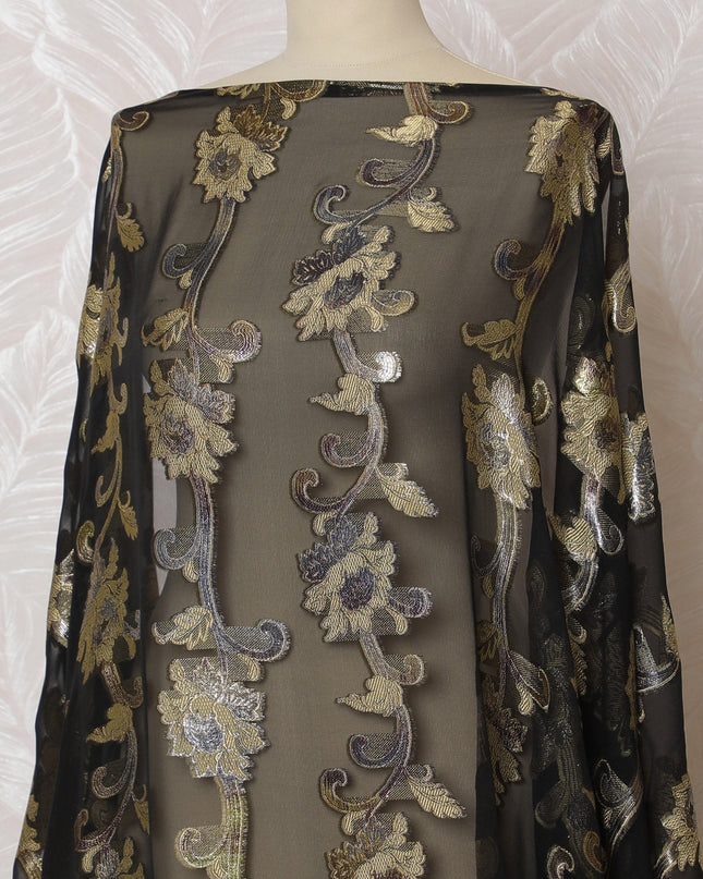 Elegant Black and Gold Floral Pattern Pure French Silk (Fransawi Dirac) Chiffon Fabric – 140 cm Wide X 3.5 Mtrs-D19846 Regal Fabrics