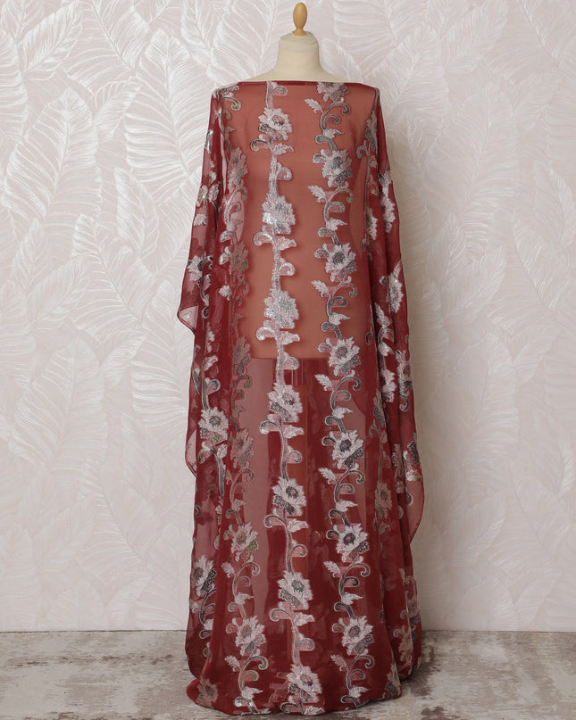 Elegant Red and Silver Floral Pattern Pure French Silk (Fransawi Dirac) Chiffon Fabric – 140 cm Wide X 3.5 Mtrs-D19847