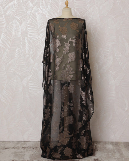 Elegant Black and Bronze Floral Pattern Pure French Silk (Fransawi Dirac) Chiffon Fabric – 140 cm Wide X 3.5 Mtrs-D19848