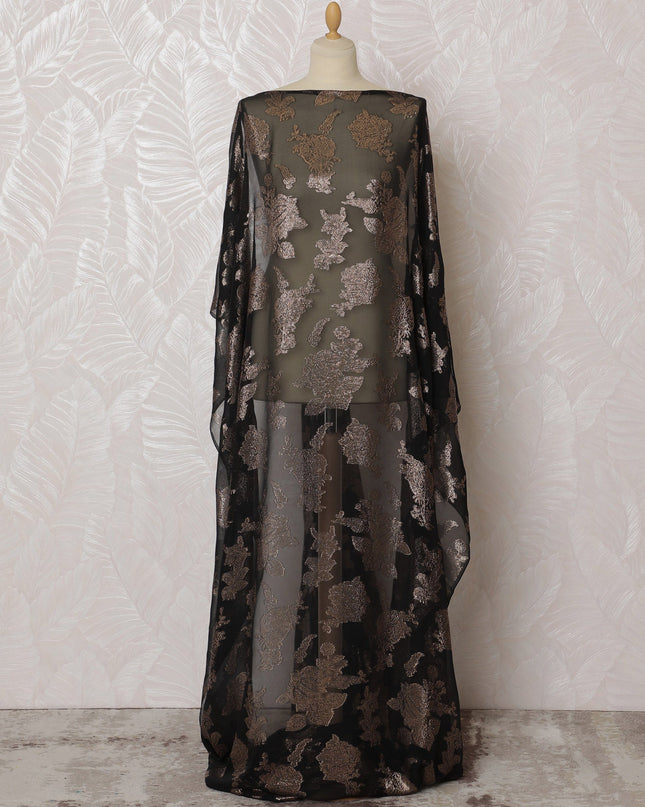 Elegant Black and Bronze Floral Pattern Pure French Silk (Fransawi Dirac) Chiffon Fabric – 140 cm Wide X 3.5 Mtrs-D19848