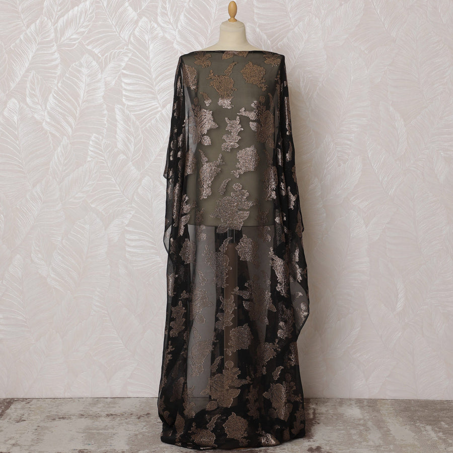 Elegant Black and Bronze Floral Pattern Pure French Silk (Fransawi Dirac) Chiffon Fabric – 140 cm Wide X 3.5 Mtrs-D19848