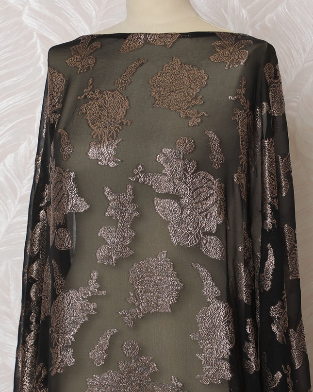 Elegant Black and Bronze Floral Pattern Pure French Silk (Fransawi Dirac) Chiffon Fabric – 140 cm Wide X 3.5 Mtrs-D19848