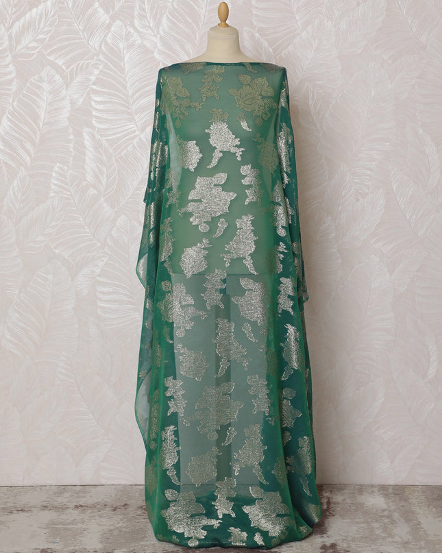 Elegant Green and Silver Floral Pattern Pure French Silk (Fransawi Dirac) Chiffon Fabric – 140 cm Wide X 3.5 Mtrs-D19849