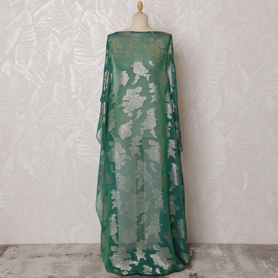 Elegant Green and Silver Floral Pattern Pure French Silk (Fransawi Dirac) Chiffon Fabric – 140 cm Wide X 3.5 Mtrs-D19849