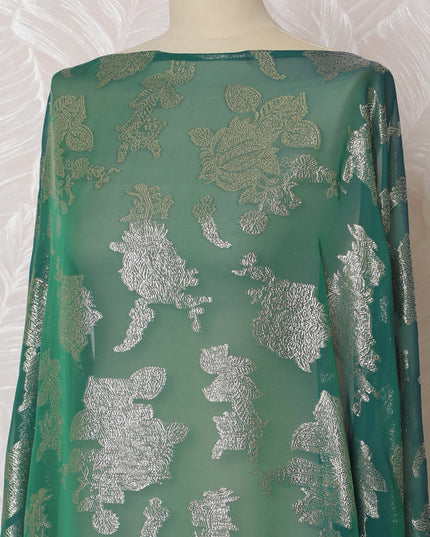 Elegant Green and Silver Floral Pattern Pure French Silk (Fransawi Dirac) Chiffon Fabric – 140 cm Wide X 3.5 Mtrs-D19849