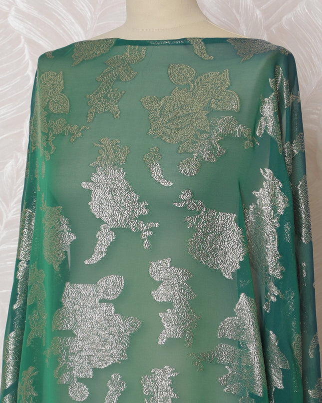 Elegant Green and Silver Floral Pattern Pure French Silk (Fransawi Dirac) Chiffon Fabric – 140 cm Wide X 3.5 Mtrs-D19849