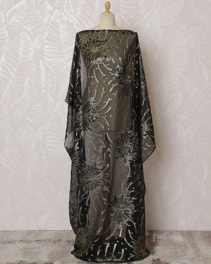 Elegant Black and Silver Firework Pattern Pure French Silk (Fransawi Dirac) Chiffon Fabric – 140 cm Wide X 3.5 Mtrs-D19850