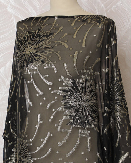 Elegant Black and Silver Firework Pattern Pure French Silk (Fransawi Dirac) Chiffon Fabric – 140 cm Wide X 3.5 Mtrs-D19850