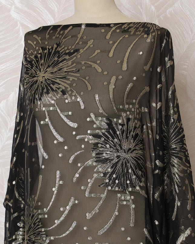 Elegant Black and Silver Firework Pattern Pure French Silk (Fransawi Dirac) Chiffon Fabric – 140 cm Wide X 3.5 Mtrs-D19850