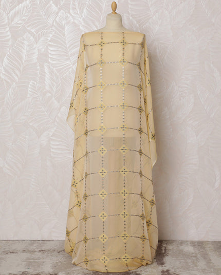 Elegant Cream and Yellow Geometric Pattern Pure French Silk (Fransawi Dirac) Chiffon Fabric – 140 cm Wide X 3.5 Mtrs-D19851