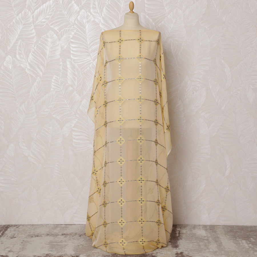 قماش شيفون حرير فرنسي خالص (فرنساوي ديراك) بنمط هندسي أصفر وكريمي أنيق - عرض 140 سم × 3.5 متر -D19851