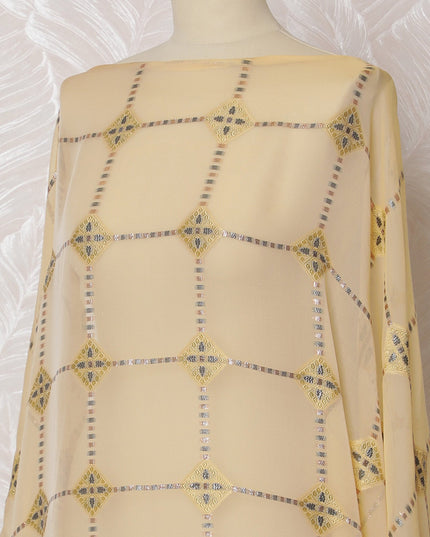 Elegant Cream and Yellow Geometric Pattern Pure French Silk (Fransawi Dirac) Chiffon Fabric – 140 cm Wide X 3.5 Mtrs-D19851