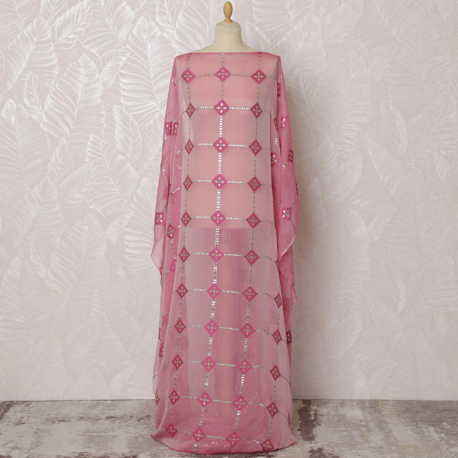 Elegant Pink and Silver Geometric Pattern Pure French Silk (Fransawi Dirac) Chiffon Fabric – 140 cm Wide X 3.5 Mtrs-D19852