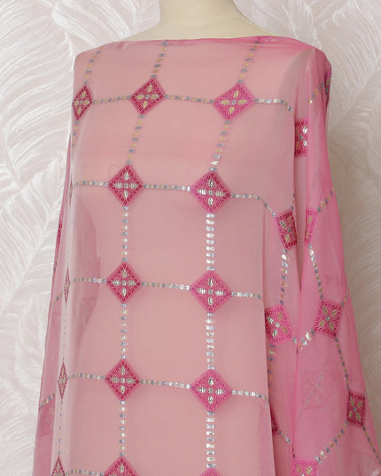 Elegant Pink and Silver Geometric Pattern Pure French Silk (Fransawi Dirac) Chiffon Fabric – 140 cm Wide X 3.5 Mtrs-D19852