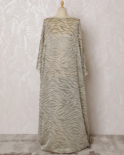 Elegant Cream and Silver Wave Pattern Pure French Silk (Fransawi Dirac) Chiffon Fabric – 140 cm Wide X 3.5 Mtrs-D19854