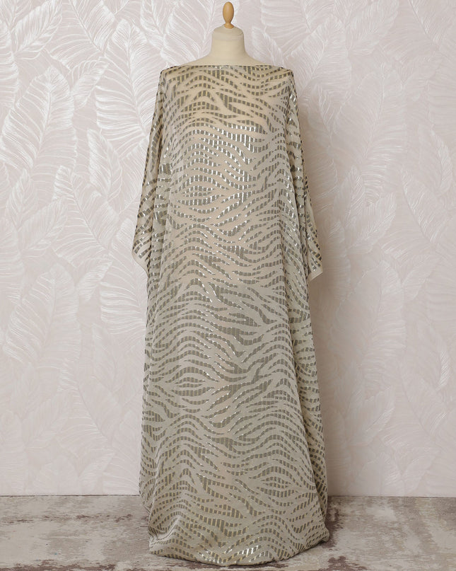 Elegant Cream and Silver Wave Pattern Pure French Silk (Fransawi Dirac) Chiffon Fabric – 140 cm Wide X 3.5 Mtrs-D19854