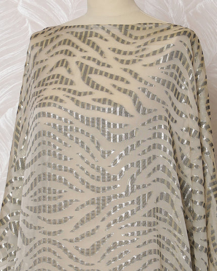 Elegant Cream and Silver Wave Pattern Pure French Silk (Fransawi Dirac) Chiffon Fabric – 140 cm Wide X 3.5 Mtrs-D19854