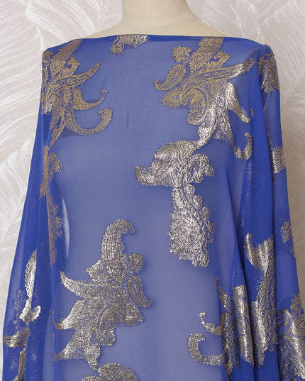 Elegant Royal Blue and Silver Floral Pattern Pure French Silk (Fransawi Dirac) Chiffon Fabric – 140 cm Wide X 3.5 Mtrs-D19855