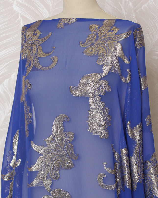 Elegant Royal Blue and Silver Floral Pattern Pure French Silk (Fransawi Dirac) Chiffon Fabric – 140 cm Wide X 3.5 Mtrs-D19855