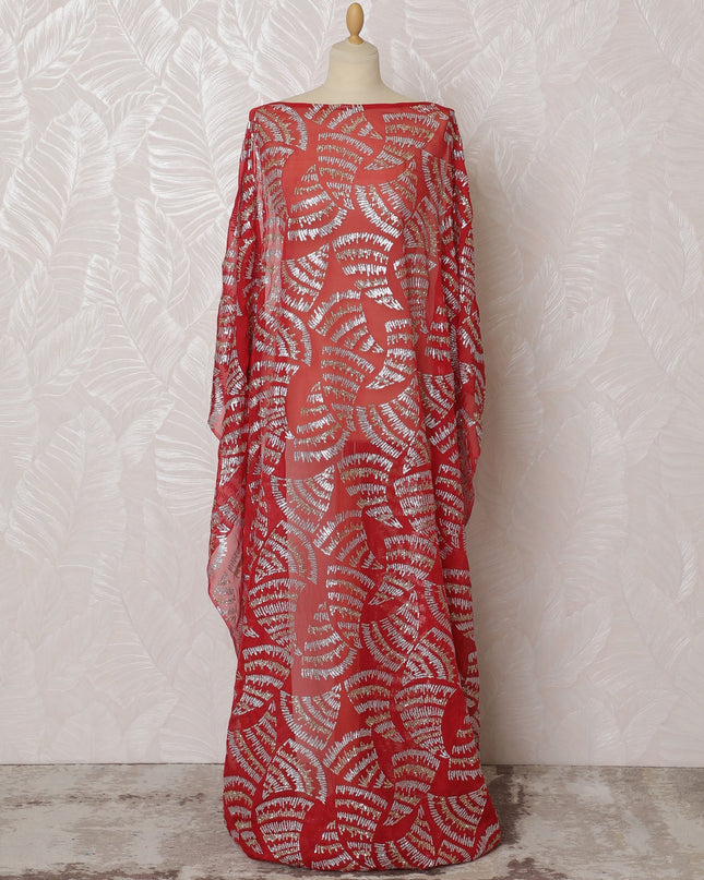 Elegant Red and Silver Wave Pattern Pure French Silk (Fransawi Dirac) Chiffon Fabric – 140 cm Wide X 3.5 Mtrs-D19856 Regal Fabrics
