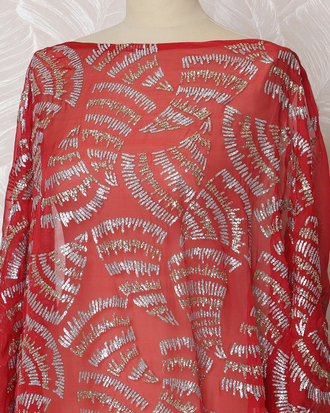 Elegant Red and Silver Wave Pattern Pure French Silk (Fransawi Dirac) Chiffon Fabric – 140 cm Wide X 3.5 Mtrs-D19856 Regal Fabrics