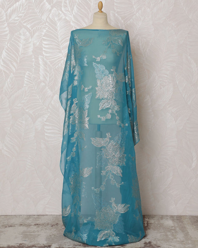 Elegant Teal and Silver Floral Pattern Pure French Silk (Fransawi Dirac) Chiffon Fabric – 140 cm Wide X 3.5 Mtrs-D19857 Regal Fabrics